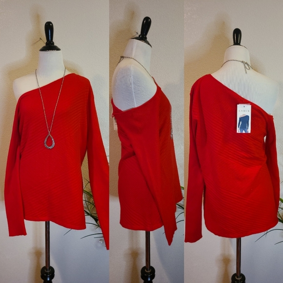Cyrus Red Off the Shoulder Asymmetrical Sweater Size Large - Picture 1 of 4